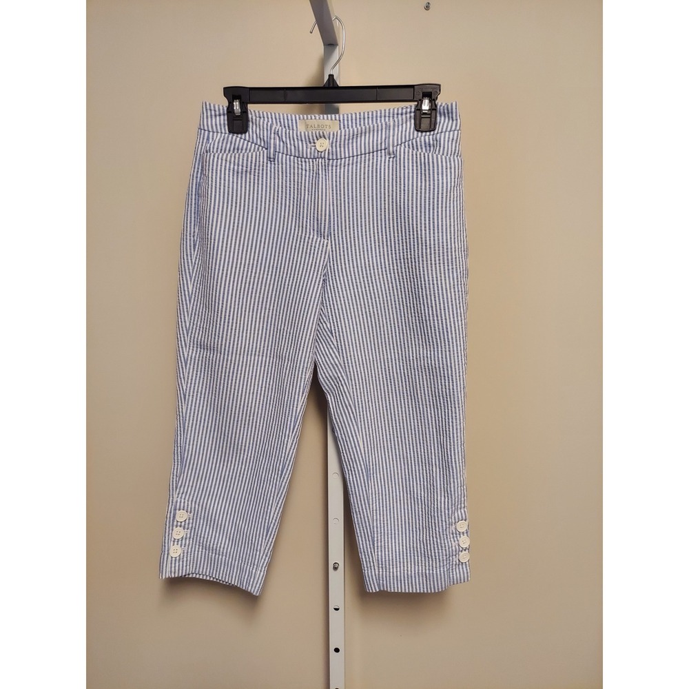 Talbots Seersucker Striped Cropped Pants 2P Cotton Preppy Nautical Coastal